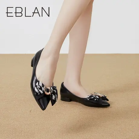 伊伴春季蝴蝶结浅口尖头单鞋约会日常通勤小皮鞋休闲鞋平底鞋商品大图