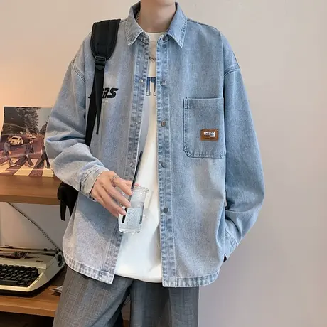 男生水洗牛仔长袖衬衫春夏季新款青少年高品质上衣服翻领薄款外套商品大图