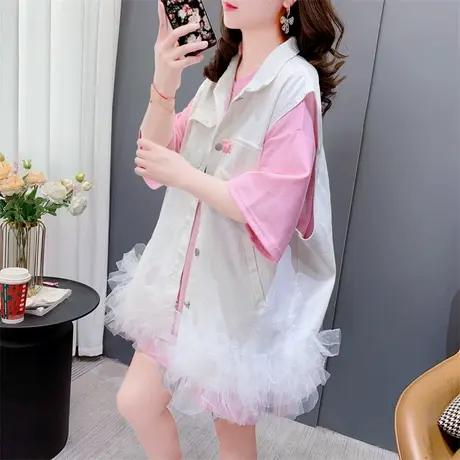 个性时尚蕾丝拼接牛仔马甲女春夏2023年新款炸街外搭马夹背心外套商品大图