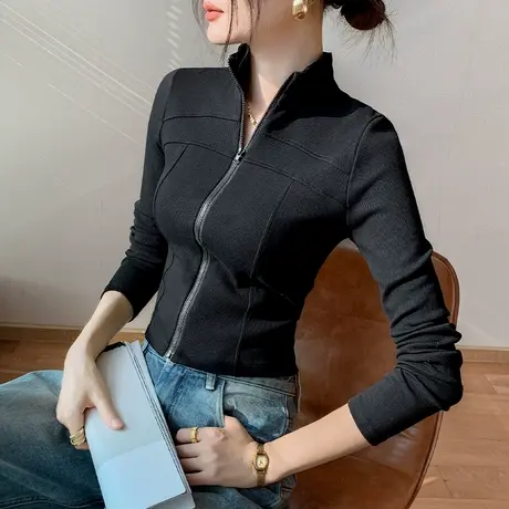 韩版立领长袖外套女2025秋季新款拉链款开衫修身外穿纯色针织上衣商品大图
