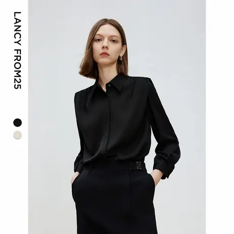 朗姿法式优雅缎面设计感通勤职业衬衫女2025年春季捏褶翻领上衣图片