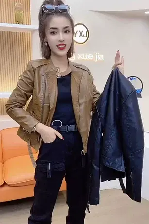 皮衣女2023秋装新款立领收腰短款修身小版卡其色洋气皮夹克外套潮商品大图