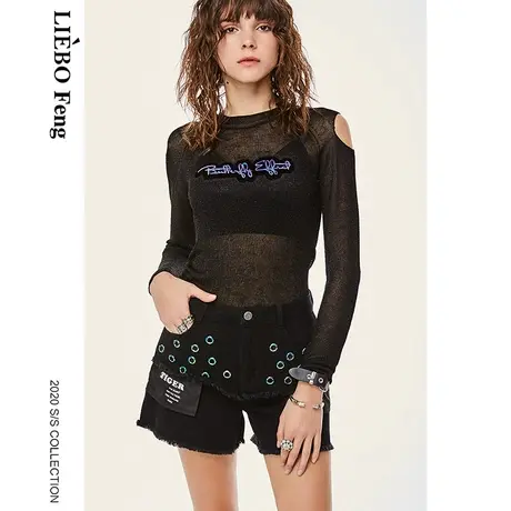 裂帛LIEBOFeng原创设计ins露肩字母刺绣修身针织衫百搭打底衫女商品大图