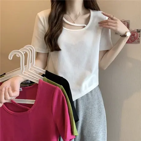 短袖正肩t恤女夏法式锁骨设计感小众独特显瘦不规则别致短款上衣图片