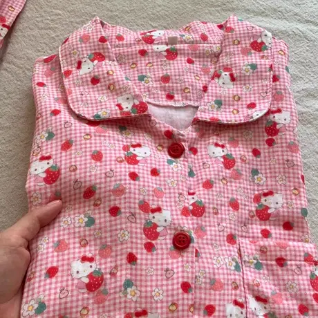 格纹草莓kitty睡衣女夏纯棉双层纱短袖套装新款卡通甜美家居服商品大图