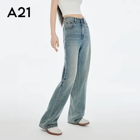 A21女装中蓝长款牛仔裤2025秋季新款简约宽松阔腿裤设计感拖地裤商品大图
