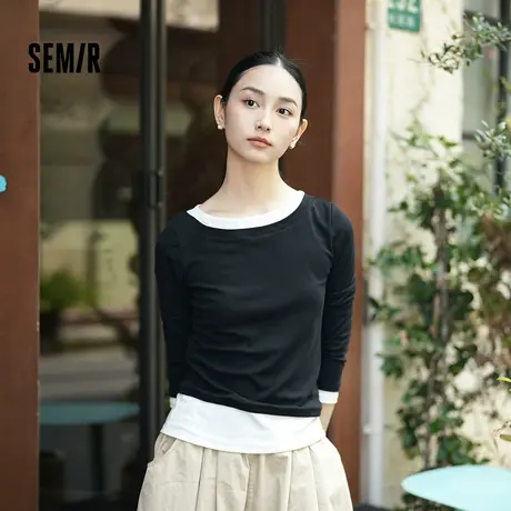 森马长袖T恤女不对称假两件2025秋季新款小心机修身拼色衣服百搭图片