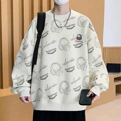 潮牌圆领卫衣男韩版潮流时尚休闲个性印花青少年学生长袖T恤帅气图片