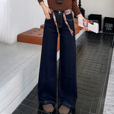 拉夏贝尔高级感阔腿牛仔裤女2025年秋季新款高腰松弛感直筒拖地裤商品大图