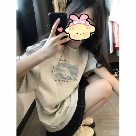 纯棉灰色短袖t恤女2025新款夏季美式宽松设计感小众半袖大码上衣图片