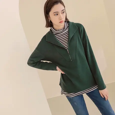 桔熊秋冬休闲温暖叠穿拉链高领磨毛棉宽松长袖上衣女大码AB17717图片