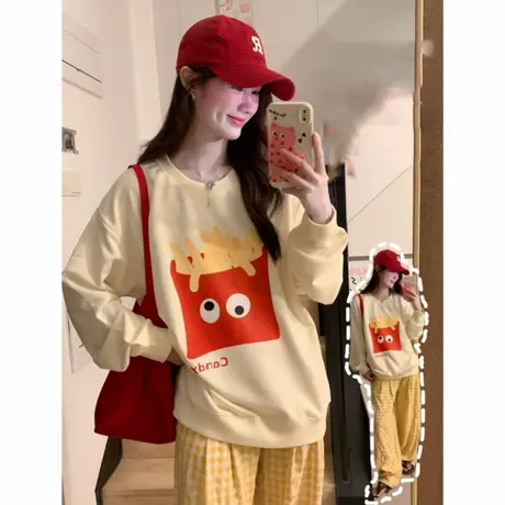 2025早秋设计感卡通薯条印花卫衣女韩版宽松慵懒风圆领杏色上衣潮商品大图