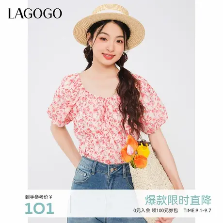 LAGOGO法式短袖雪纺衫女拉谷谷夏季新款印花显瘦甜美碎花方领上衣图片