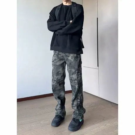 美式迷彩工装裤男款秋季vintage伐木裤子直筒窄版vibe微喇牛仔裤商品大图