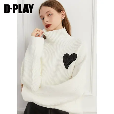 DPLAY春新通勤时尚白色高领撞色立体皮爱心落肩套头毛衣商品大图