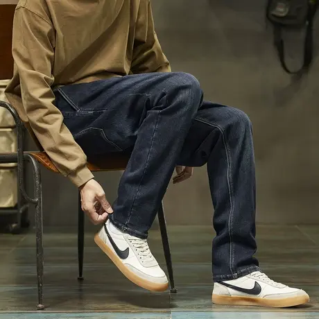 唐狮秋季男士牛仔长裤原色抽绳直筒阔腿裤帅气宽松潮牌美式TMTA图片