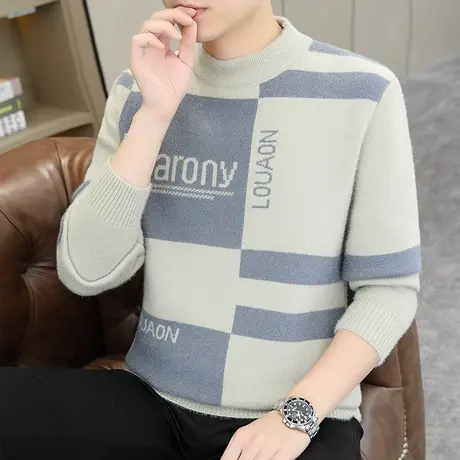 2023新款撞色提花男士毛衣半高领保暖毛线衣冬季加厚针织打底衫潮商品大图