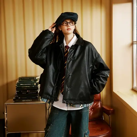 复古黑色PU皮棉服女夹棉冬季外套2023新款美式潮牌设计感宽松棉衣商品大图