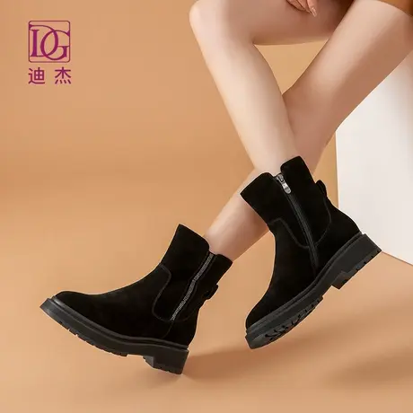 DG真皮黑色短筒靴女厚底秋冬新款磨砂百搭英伦时装靴商品大图