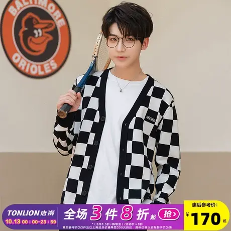 唐狮针织衫春秋新款棋盘格毛衣开衫宽松潮流百搭外套男休闲舒适商品大图