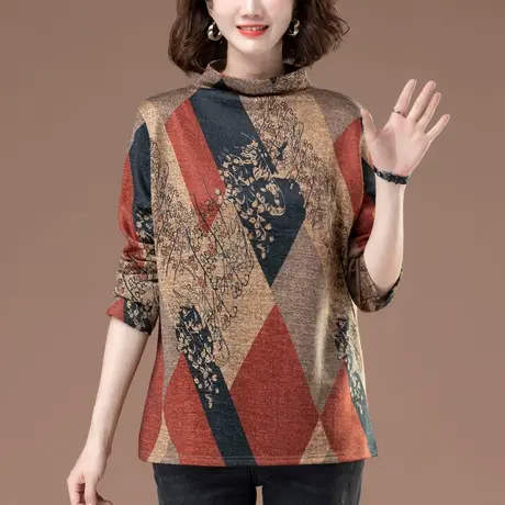 中老年妈妈半高领打底衫女秋冬季宽松加肥加大码洋气内搭长袖T恤商品大图