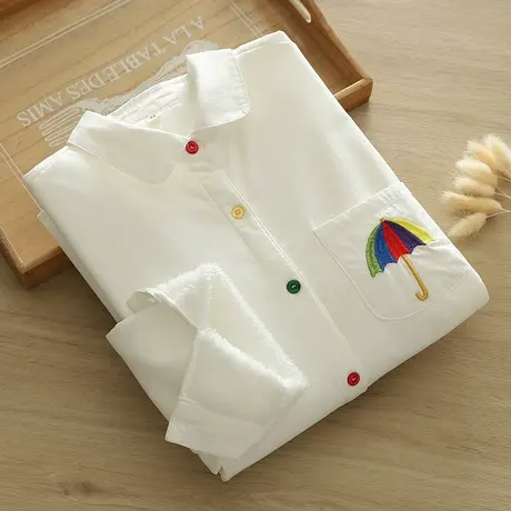 加绒加厚衬衫女秋冬款学生文艺纯棉上衣刺绣白色休闲打底保暖衬衣图片