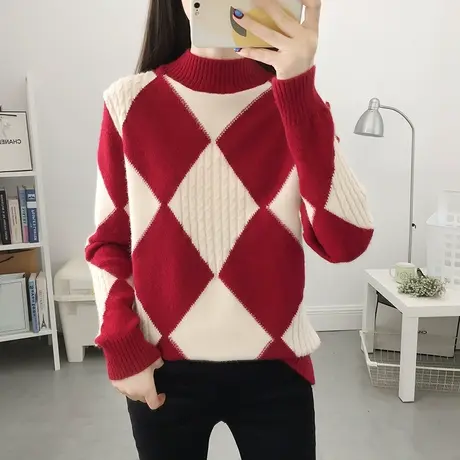 洋气复古风针织打底衫女装上衣秋冬新款加厚百搭休闲洋气拼色毛衣商品大图