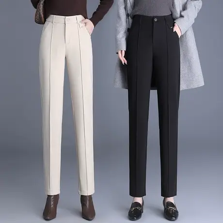 毛呢西装裤女秋冬新款中老年显瘦保暖哈伦裤大码韩版胖mm烟管裤厚图片