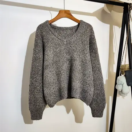 灰色v领针织衫长袖毛衣女2023新款秋冬韩版时尚休闲打底上衣外穿图片