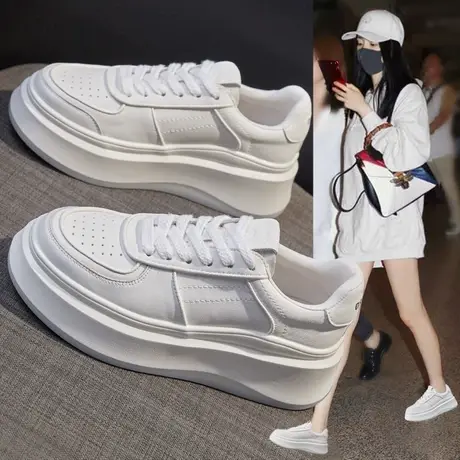 高级感真皮小白鞋女2023春秋新款厚底松糕女鞋小个子休闲运动板鞋商品大图