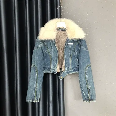 欧货长袖上衣女2023秋冬新款蓝色毛领休闲百搭短款加绒牛仔短外套图片