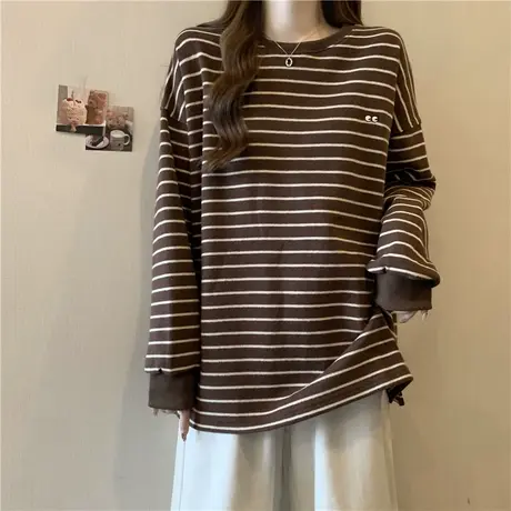 加绒加厚保暖长袖T恤女秋冬季内搭德绒打底衫宽松中长款条纹上衣商品大图
