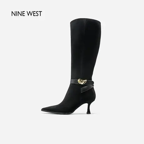 Nine West/玖熙太空饰扣羊反绒长筒靴2023冬新款气质沙漏跟时装靴商品大图