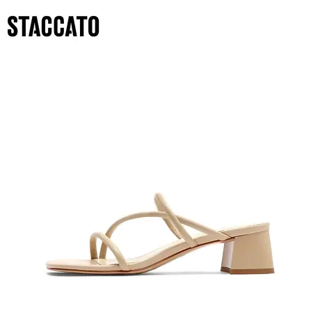 思加图新款方头气质凉鞋粗跟一字拖外穿凉拖鞋女S8935BT3商品大图