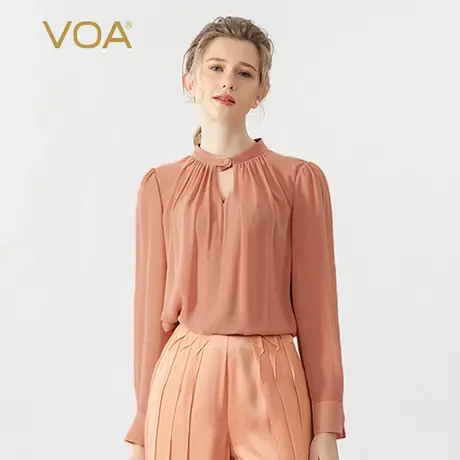 VOA乔其纱桑蚕丝粉色一粒扣半开领褶皱衬衫长袖OL风双层真丝T恤图片