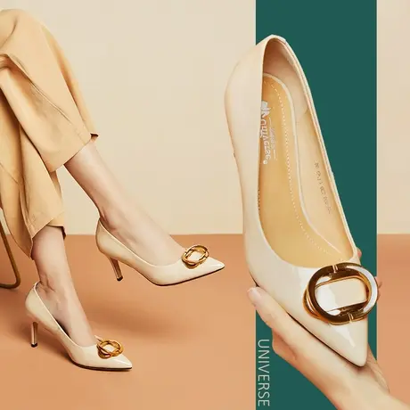 杏色皮鞋早春女鞋气质优雅尖头浅口细跟一脚蹬真皮清仓高跟鞋图片