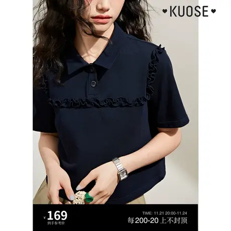 阔色短袖Polo衫t恤女2023新款夏短款设计感小众休闲正肩上衣商品大图