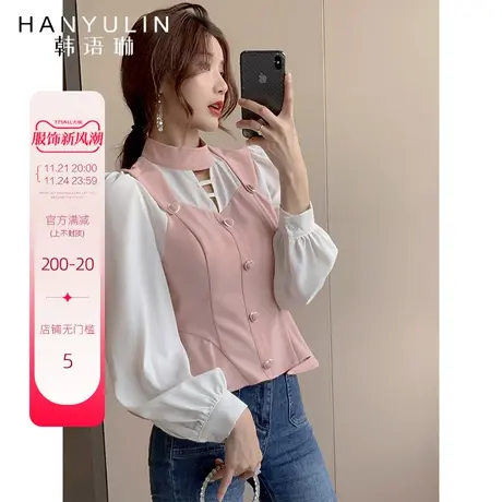 2022新款拼接假两件雪纺衫女初秋圆领长袖上衣收腰设计感小众小衫商品大图