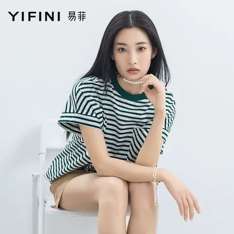 Yifini/易菲绿色条纹圆领短袖宽松T恤女夏季新款百搭上衣体恤商品大图