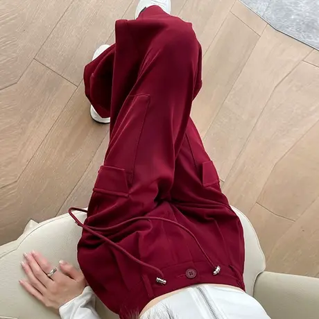 美式酒红色工装裤女宽松阔腿高腰垂感直筒显瘦春秋新款休闲长裤子商品大图