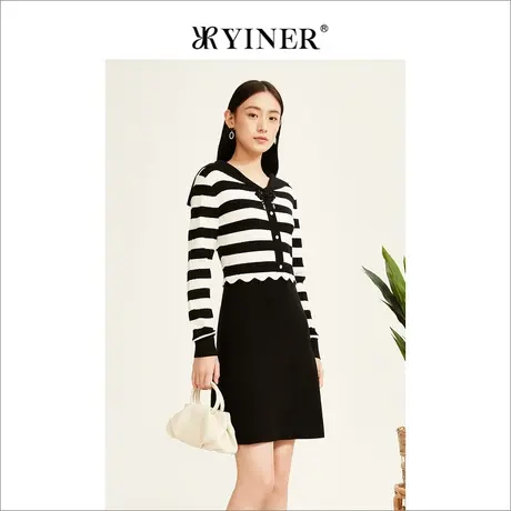 【摩登中式】YINER音儿女装2022冬新款条纹针织连衣裙图片