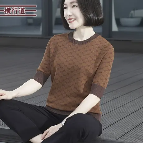 2024新款春装圆领提花宽松针织中袖上衣女装撞色大码中年妈妈韩版商品大图