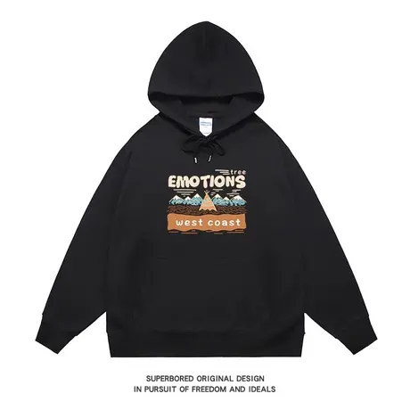 连帽小众设计感潮流美式复古黑色卫衣男2023秋冬宽松休闲长袖上衣商品大图