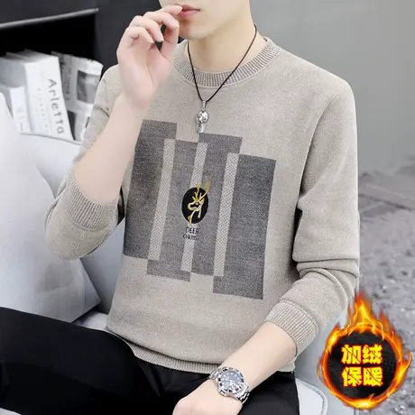 加厚毛衣男潮流针织加绒保暖内搭打底衫冬季新款刺绣一体绒羊毛衫商品大图
