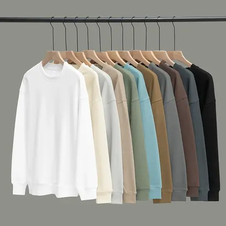 350g重磅男士卫衣春秋季纯色白色无帽上衣服美式宽松圆领长袖t恤图片