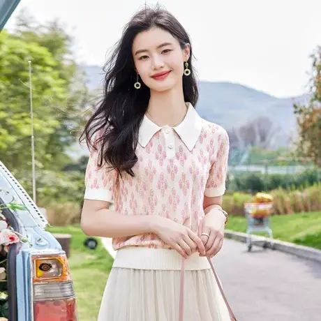 时尚气质POLO领短袖针织衫2023年夏季新款淑女温柔甜美通勤上衣商品大图