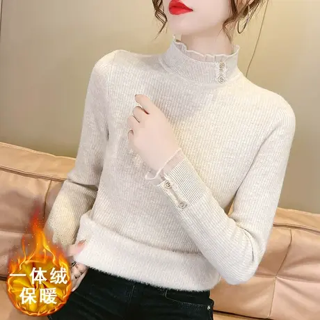 2022秋冬新款一体加绒打底衫女保暖毛衣半高领修身内搭蕾丝针织衫图片