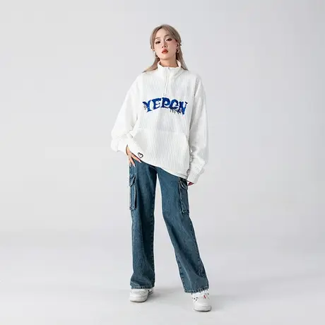 YEP华夫格卫衣女春秋oversize设计感小众高街潮牌立领外套hiphop商品大图