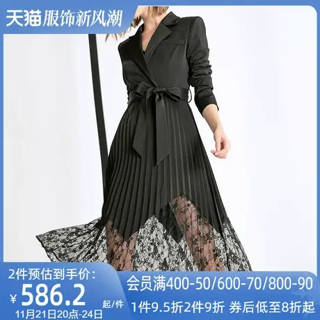 黑色职业设计感拼接蕾丝西装女秋2022新款不规则中长款百褶外套潮商品大图