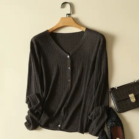 2024春装新款欧货V领羊毛针织开衫女长袖春秋外搭薄款毛衣外套潮图片